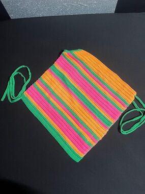 Handmade Crochet Striped Drawstring Bag - Bright Pink, Orange & Green